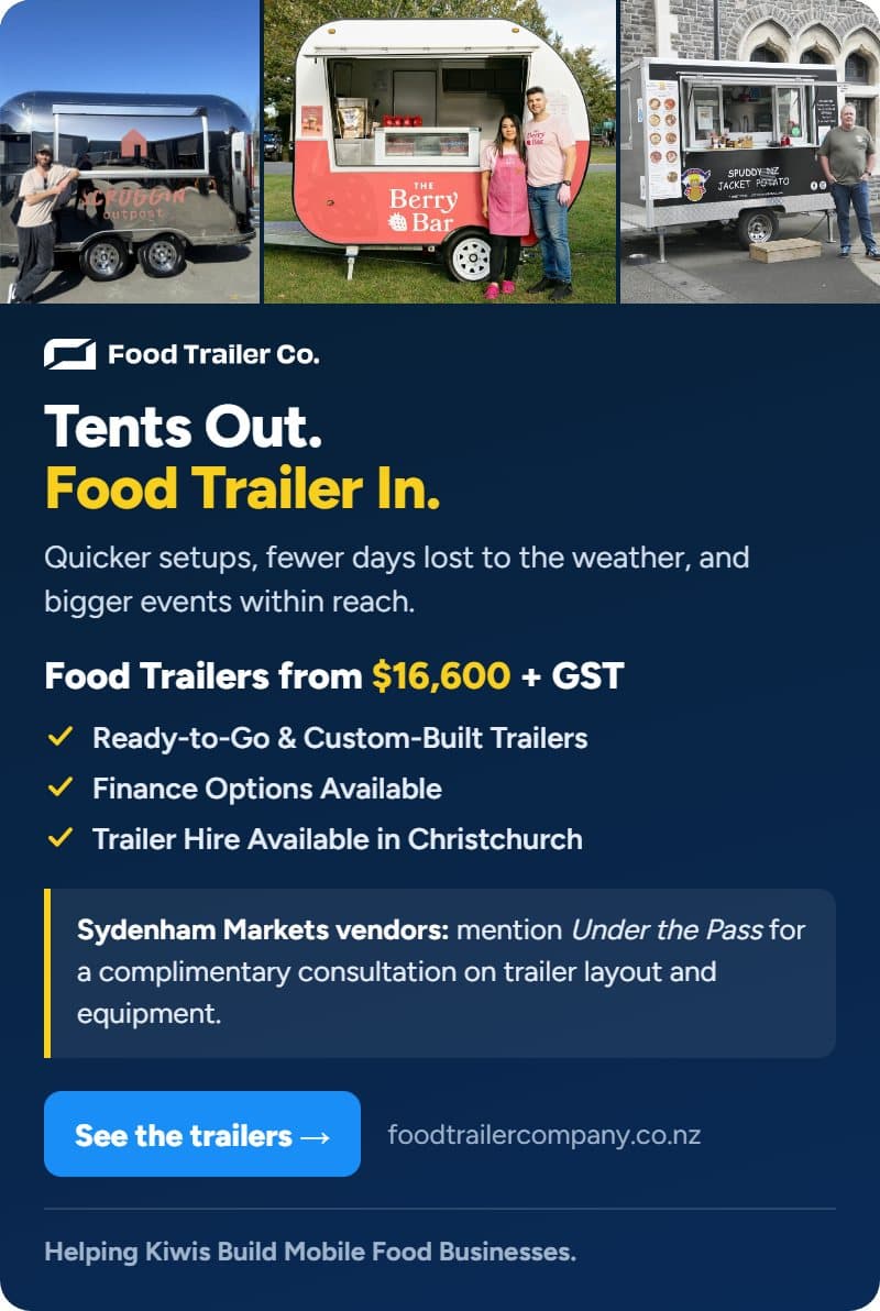 Food Trailer Co: Tents out. Food trailer in. Food trailers from $16,600 + GST. Sydenham Markets vendors, mention Under the Pass for a complimentary consultation on trailer layout and equipment. See the trailers.